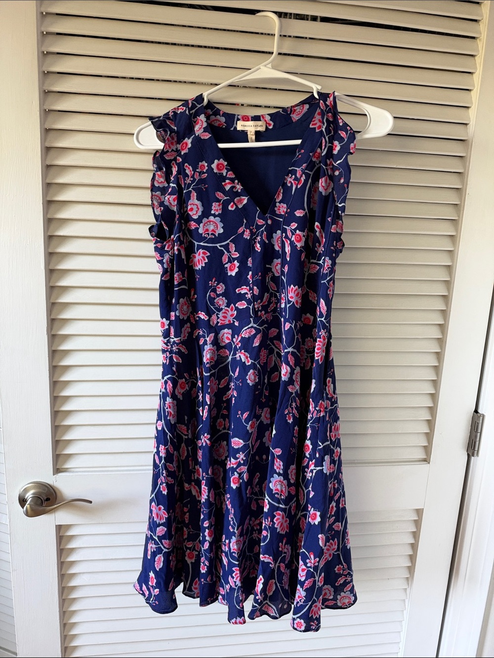 Rebecca Taylor Navy Floral V-Neck Ruffle Sleeve Mini Dress